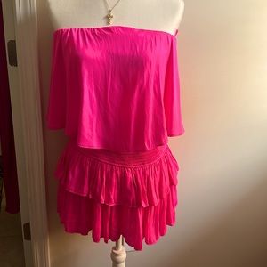 Barbie hot pink ruffled shorts set. Sleeveless halter top with the back revealed